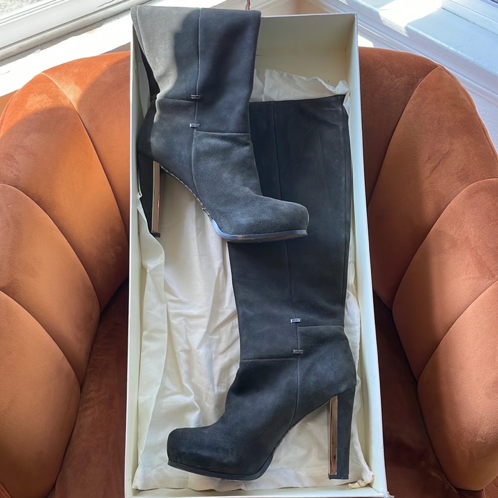 Rebecca Taylor Dark Grey Suede Platform Knee High Boots